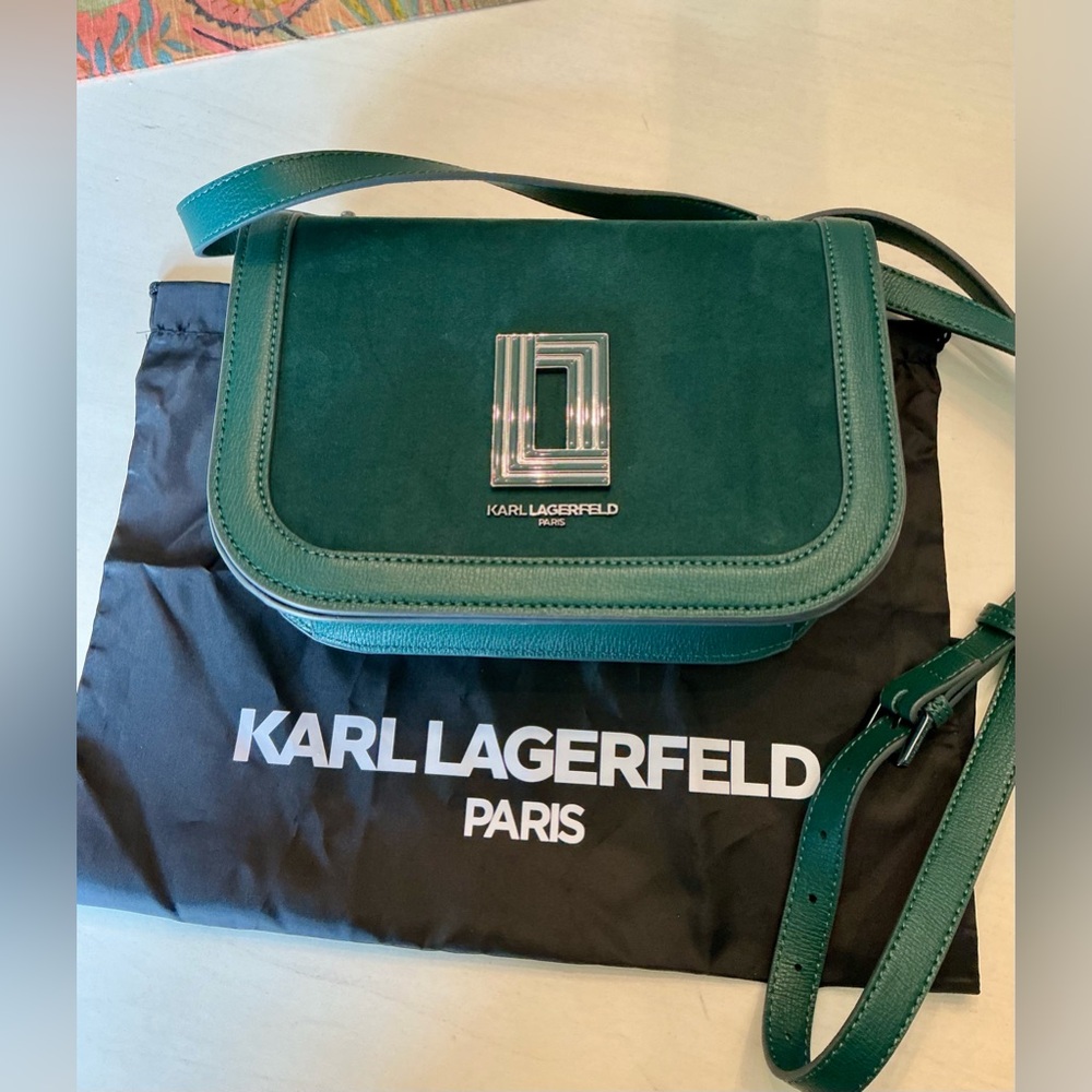 Karl Lagerfeld Paris Simone Crossbody Bag in Green Jewel Leather and Suede - Picture 13 of 14